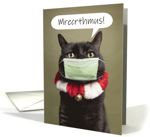 Merry Christmas Cat Talking Through Face Mask Coronavirus Humor card