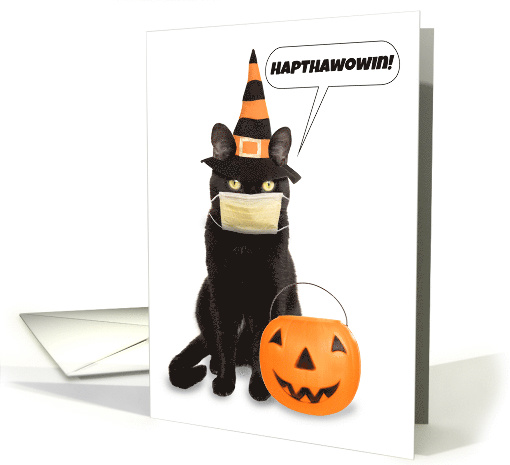 Happy Halloween Cat Talking Through Face Mask Coronavirus Humor card