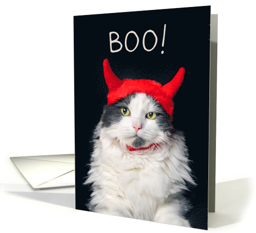 Happy Halloween For Anyone Cute Cat in Devil Costume Humor card