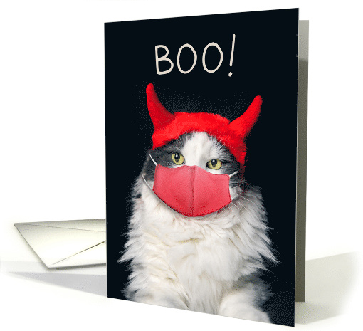 Happy Halloween Cute Cat in Coronavirus Mask and Horns Humor card