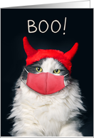 Happy Halloween Cute Cat in Coronavirus Mask and Horns Humor card