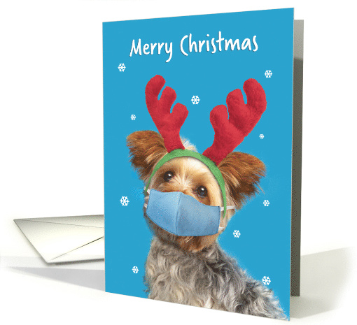 Merry Christmas Yorkie Dog in Reindeer Ears and Face Mask Humor card