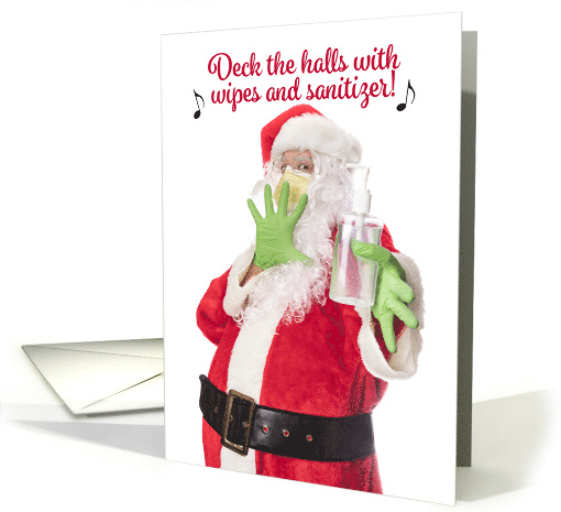 Merry Christmas Santa in Face Mask Holding Hand Sanitizer Humor card