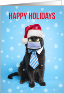 Happy Holidays Cat in Business Tie and Coronavirus Face Mask Humor card