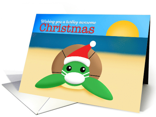 Merry Christmas Cute Sea Turtle on Beach in Coronavirus Face Mask card