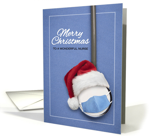 Merry Christmas Nurse Santa Hat and Face Mask on Stethoscope card