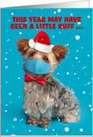 Merry Christmas Cute Yorkie Dog in Sant Hat and Face Mask Humor card