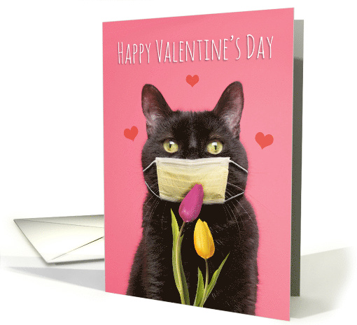 Happy Valentine's Day Cat in Face Mask With Flowers Humor card