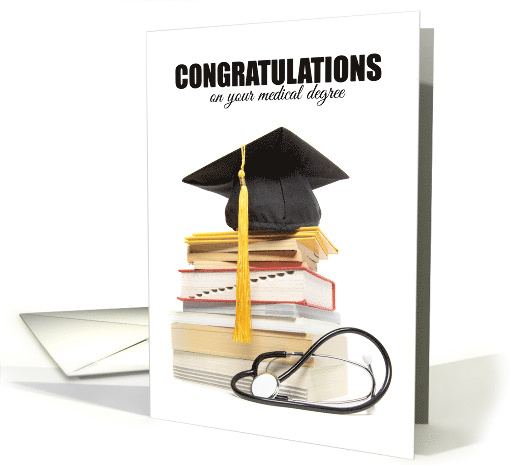 Congratulations on Your Medical Degree Grad Cap on Stack of Books card