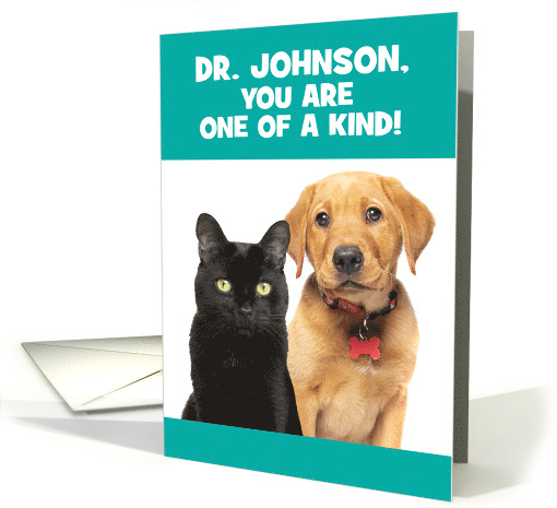 Happy Doctors Day Veterinarian Cute Cat and Puppy Custom Name card