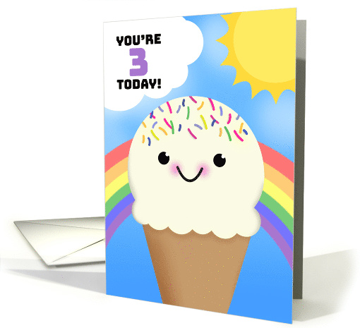 Happy 3rd Birthday Happy Ice Cream Cone With Rainbow and Sun card