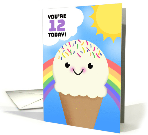 Happy 12th Birthday Happy Ice Cream Cone With Rainbow and Sun card