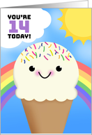 Happy 14th Birthday Happy Ice Cream Cone With Rainbow and Sun card