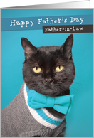 Happy Father’s Day Father in Law Cute Cat in Sweater and Bow Tie Humor card