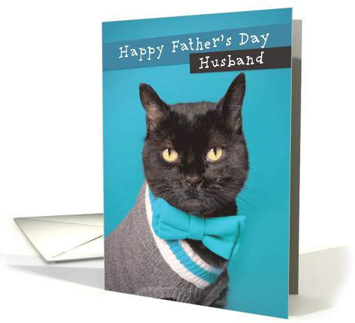 Happy Father's Day Husband Cute Cat in Sweater and Bow Tie Humor card
