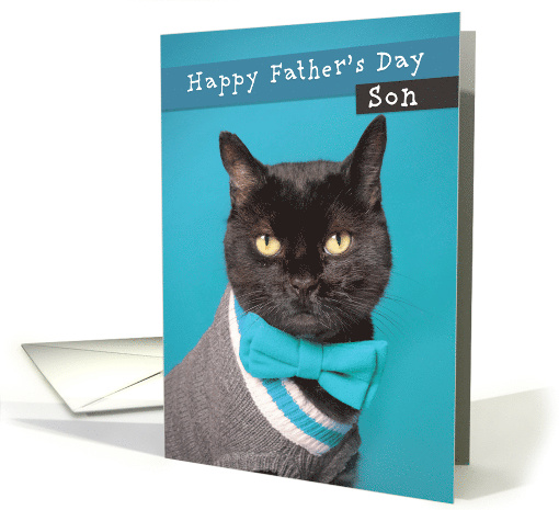 Happy Father's Day Son Cute Cat in Sweater and Bow Tie Humor card