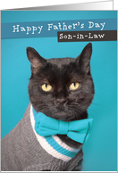 Happy Father’s Day Son In Law Cute Cat in Sweater and Bow Tie Humor card