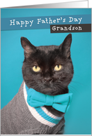 Happy Father’s Day Grandson Cute Cat in Sweater and Bow Tie Humor card