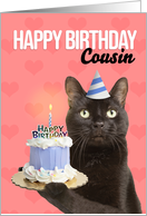 Happy Birthday Cousin Cute Cat in Party Hat With Cake Humor card
