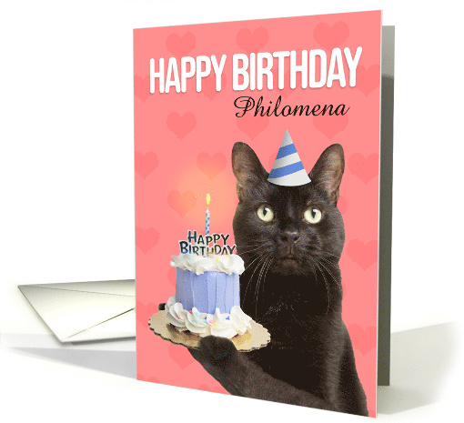 Happy Birthday Custom Name Cute Cat in Party Hat With Cake Humor card