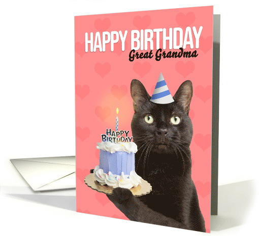 Happy Birthday Great Grandma Cat in Party Hat With Cake Humor card