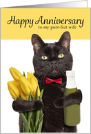 Happy Anniversary Wife Cute Cat With Flowers and Champagne card