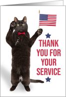 Happy Veterans Day Cat Holding Flag and Saluting card