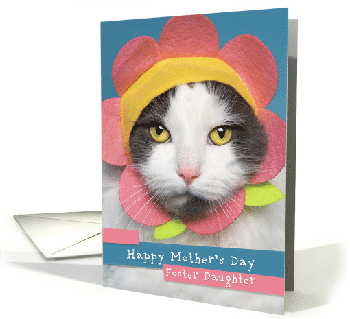 Happy Mother's Day Foster Daughter Cute Cat in Flower Hat Humor card
