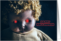 Happy Halloween Creepy Doll With Red Glowing Eyes card