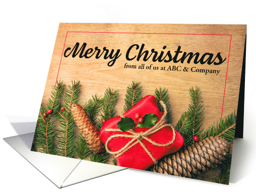 Merry Christmas Custom Business Name Pine and Presents Photo card