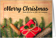 Merry Christmas Custom Business Name Pine and Presents Photo card
