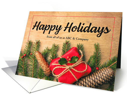 Happy Holidays Custom Business Name Pine and Presents Photo card