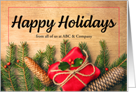 Happy Holidays Custom Business Name Pine and Presents Photo card
