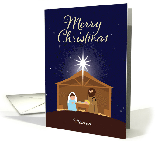 For Custom Name Merry Christmas Nativity Scene Illustration card