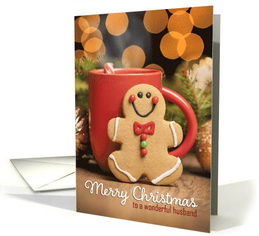 Husband Merry Christmas Gingerbread Man and Hot Cocoa Photograph card