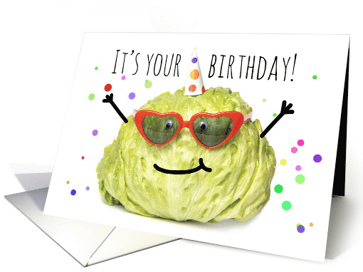 Happy Birthday For Anyone Head of Lettuce in Party Hat Humor card