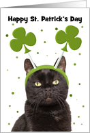 Happy St Patricks Day For Anyone Black Cat in Shamrock Headband Humor card