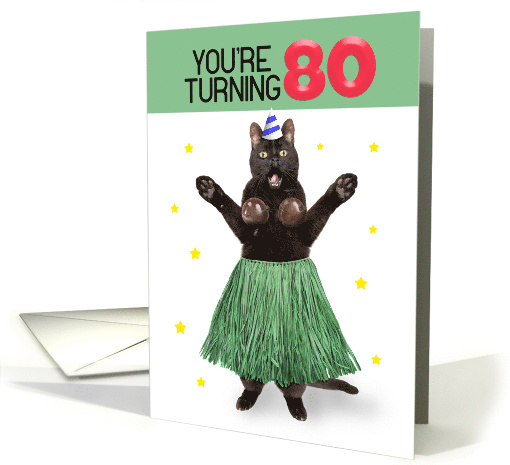 Happy 80th Birthday Funny Cat in Hula Outfit Humor card (1728974)