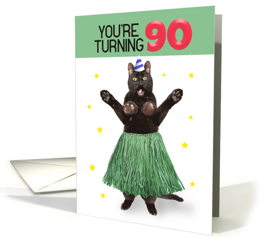 Happy 90th Birthday Funny Cat in Hula Outfit Humor card (1728978)