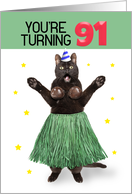 Happy 91st Birthday Funny Cat in Hula Outfit Humor card