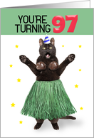 Happy 97th Birthday Funny Cat in Hula Outfit Humor card