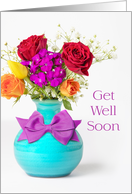 Get Well Soon Beautiful Flowers with Purple Bow card