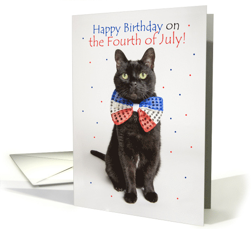 Happy Birthday on Fourth of July Cat in Patriotic Bow Tie Humor card