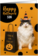 Happy Halloween Son Cute Cat in Witch Hat Humor card