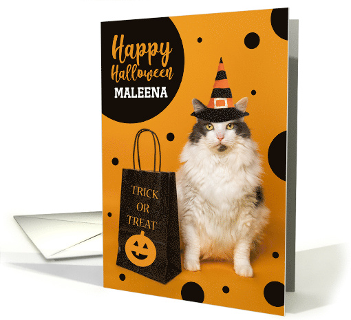 Happy Halloween Custom Name Cute Cat in Witch Hat Humor card (1744738)