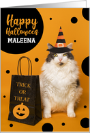 Happy Halloween Custom Name Cute Cat in Witch Hat Humor card
