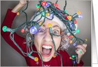 Merry Christmas For Anyone Frustrated Woman With Tangled Lights Humor card