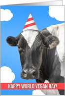 Happy World Vegan Day Cute Cow in Party Hat card