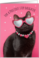 Happy Valentines Day Step Daughter Funny Kitty Cat in Heart Glasses card