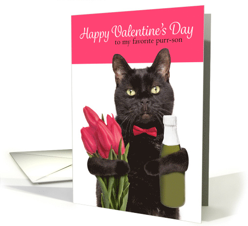 Happy Valentines Day Cute Cat With Flowers and Champagne Humor card